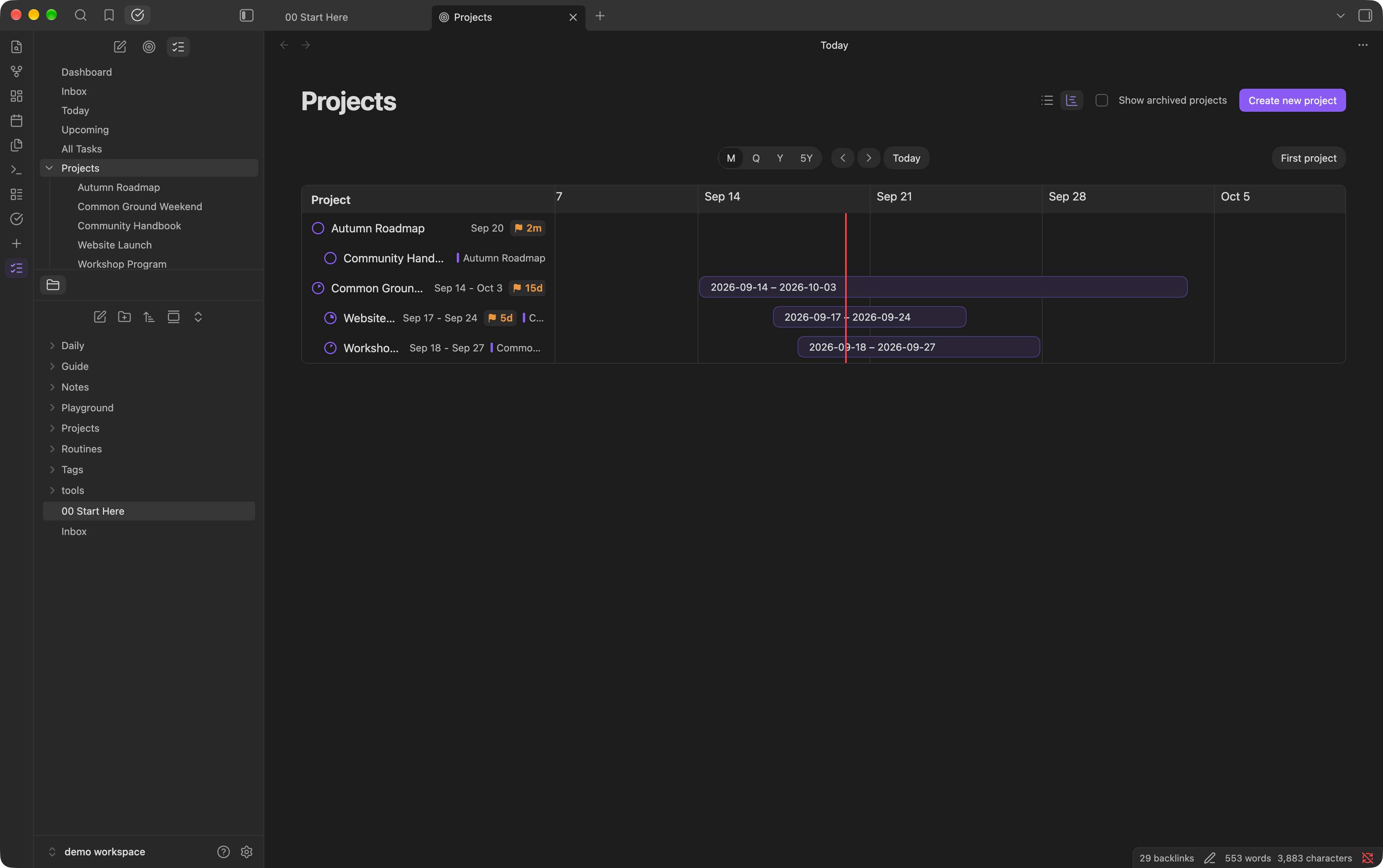 Project timeline showing a parent project and its related projects