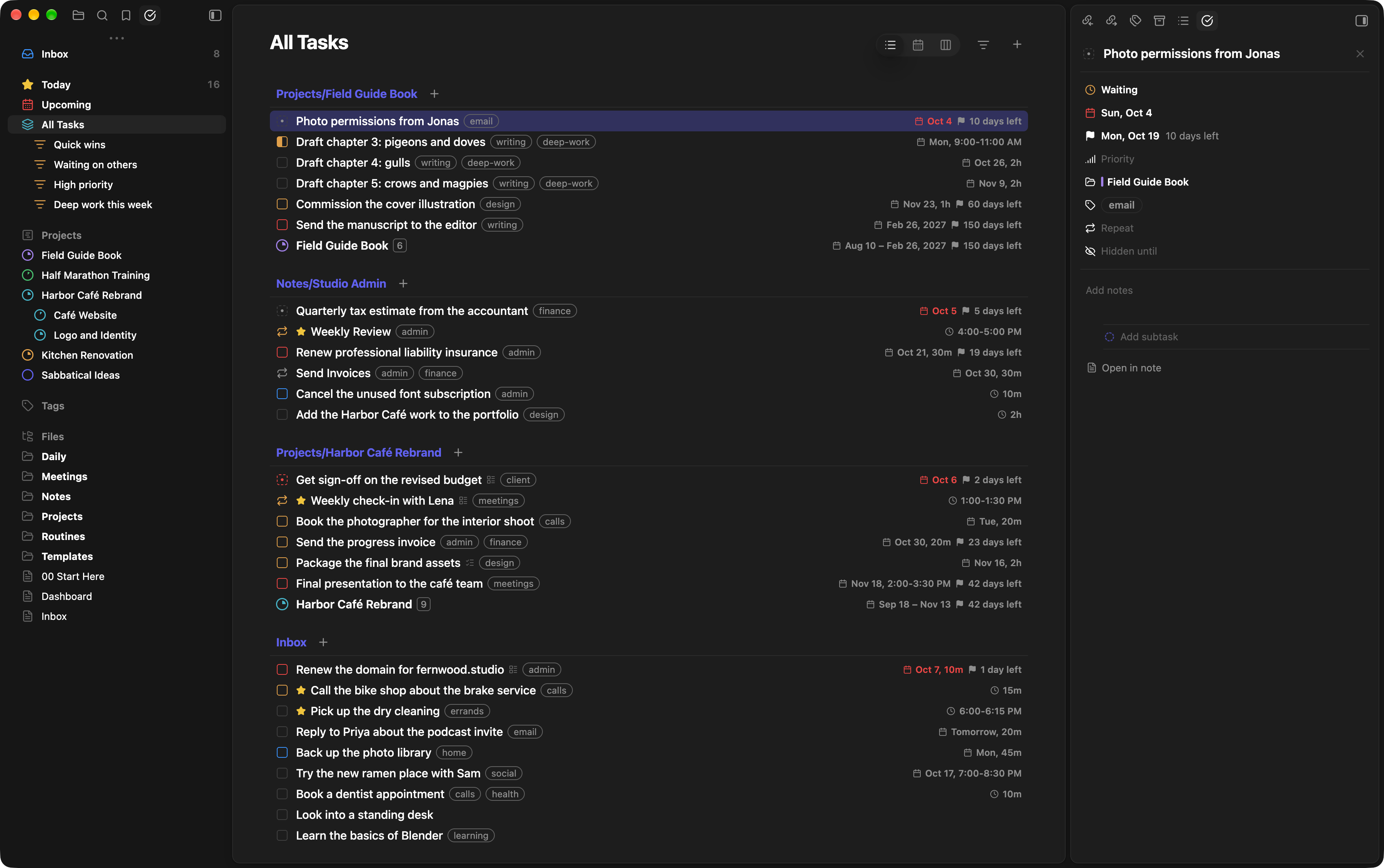 All Tasks grouped by note, with the selected task's status, dates, project and tags in the Task details sidebar