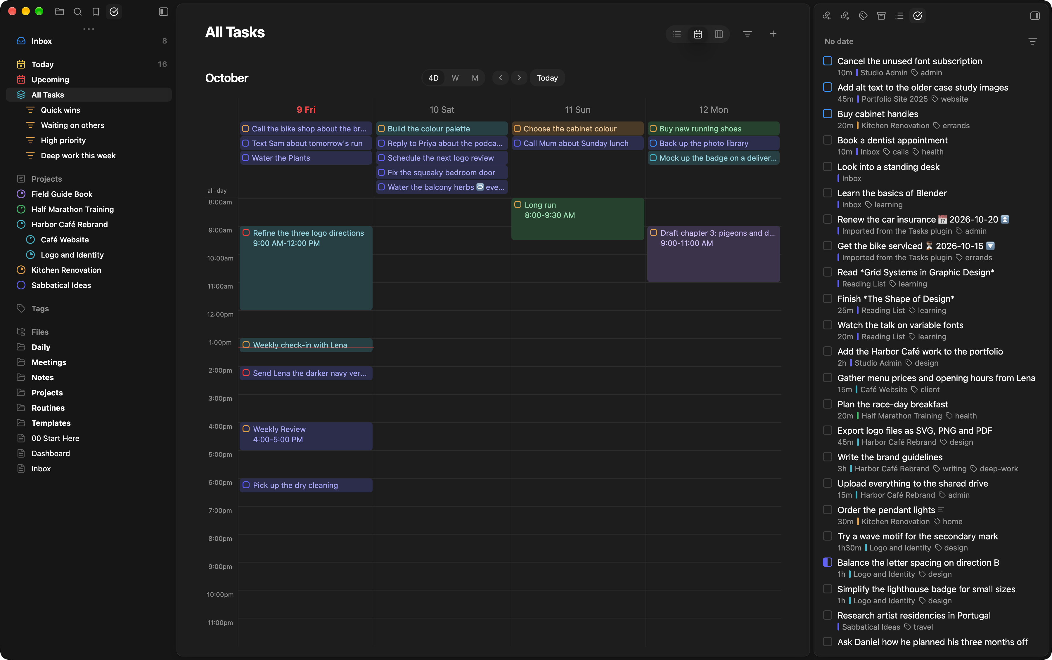 The 4-day calendar, with all-day tasks above the hours and timed tasks in their slots