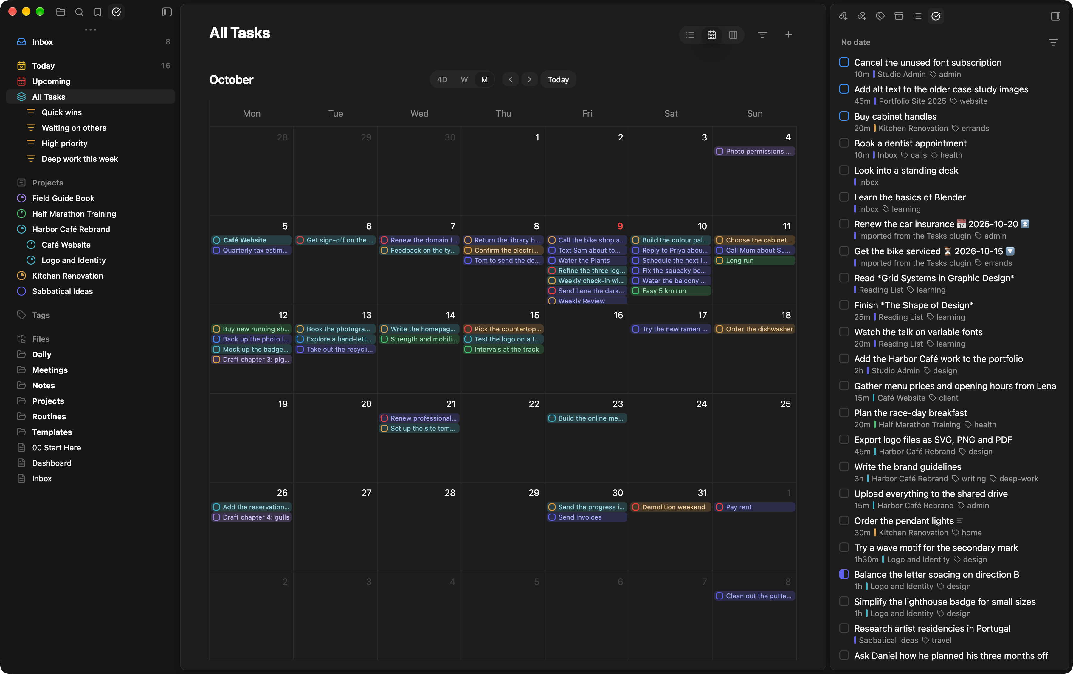 A month calendar of all tasks, coloured by project, with tasks that have no date listed in the sidebar