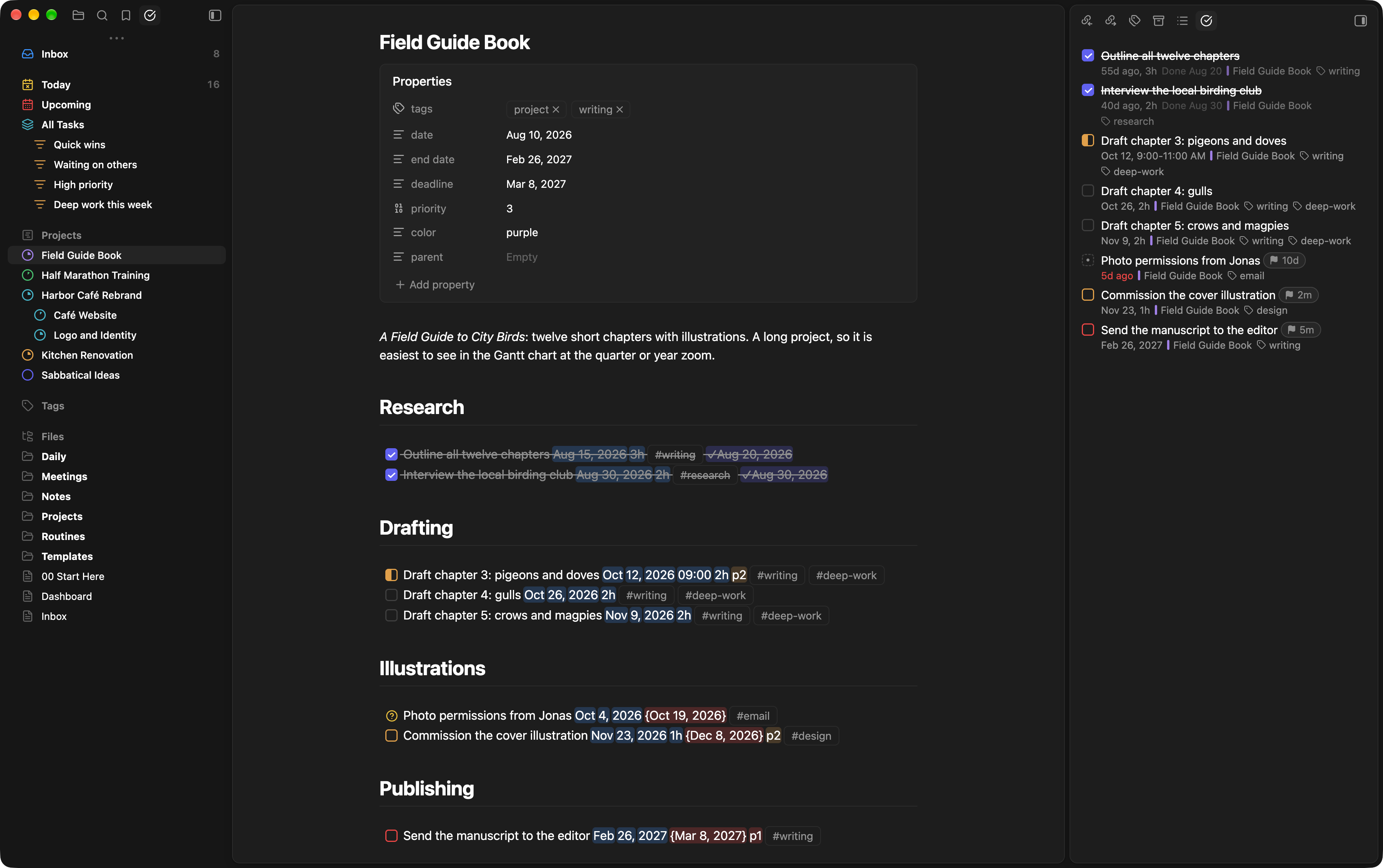 A project note in Live Preview, with each task's dates, duration, deadline, priority and tags highlighted, and the note's tasks in the sidebar