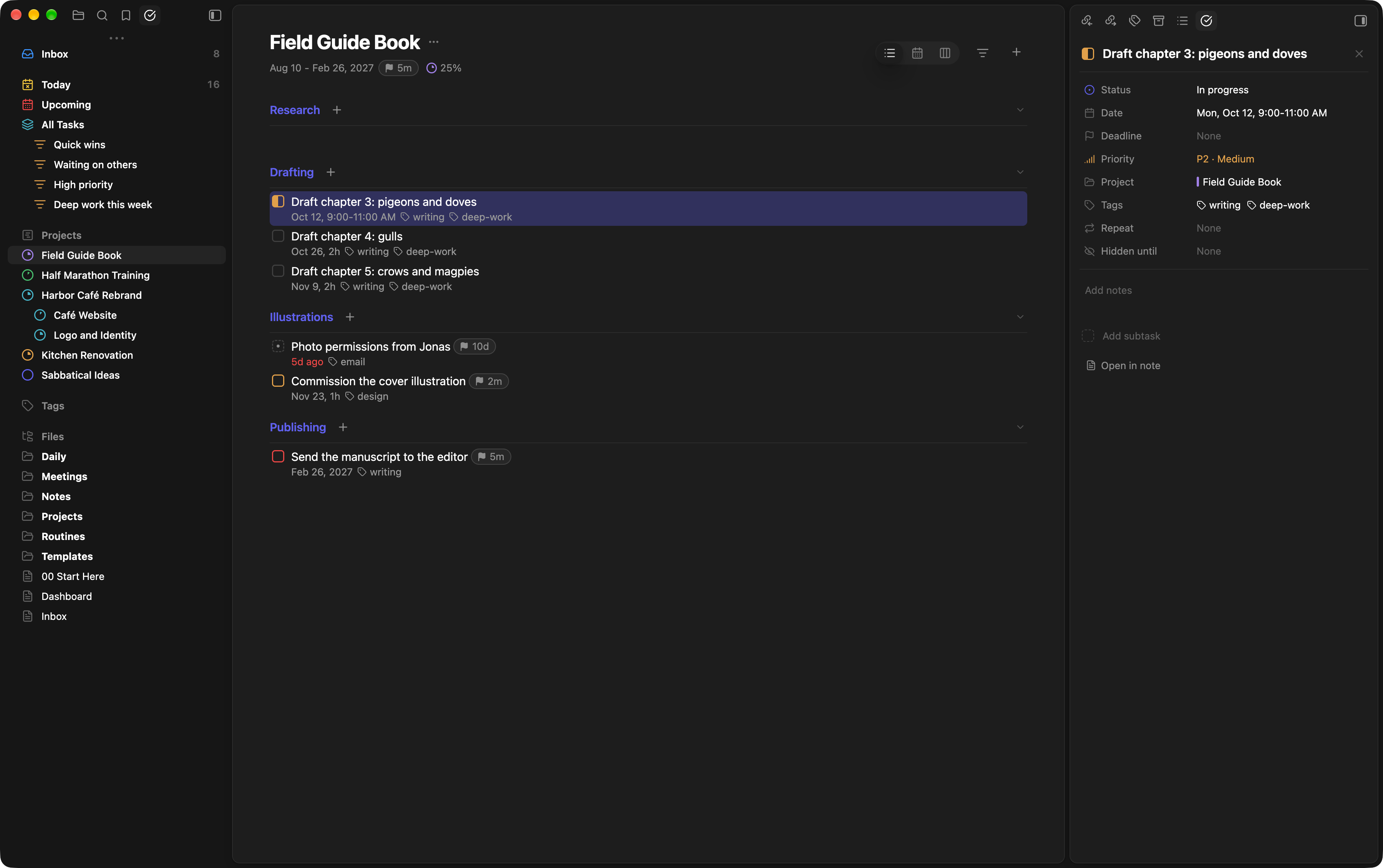 A project page with its sections, start and end dates, deadline and progress, and the selected task in the sidebar