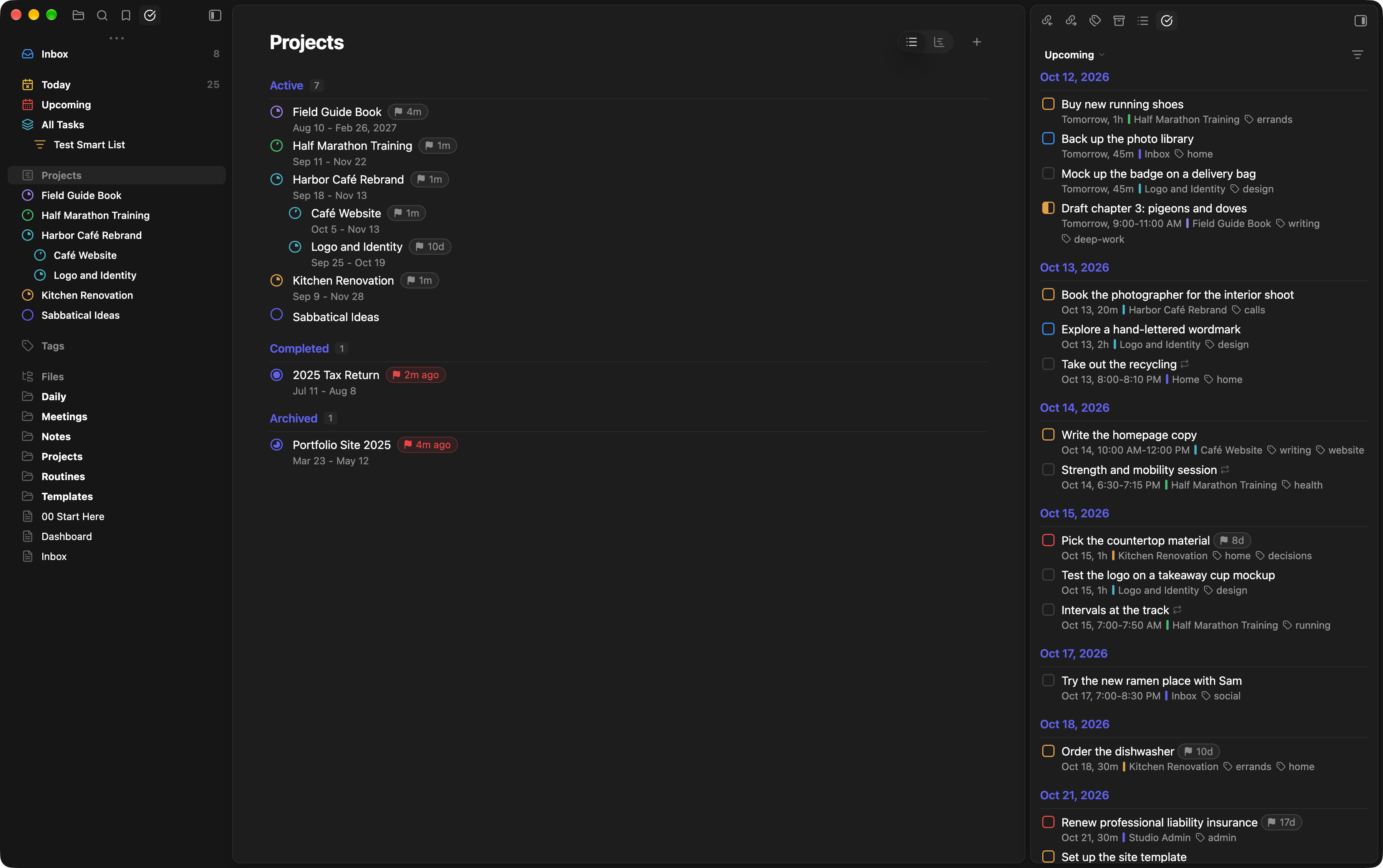 The Projects list, with projects grouped by status, their dates and deadlines