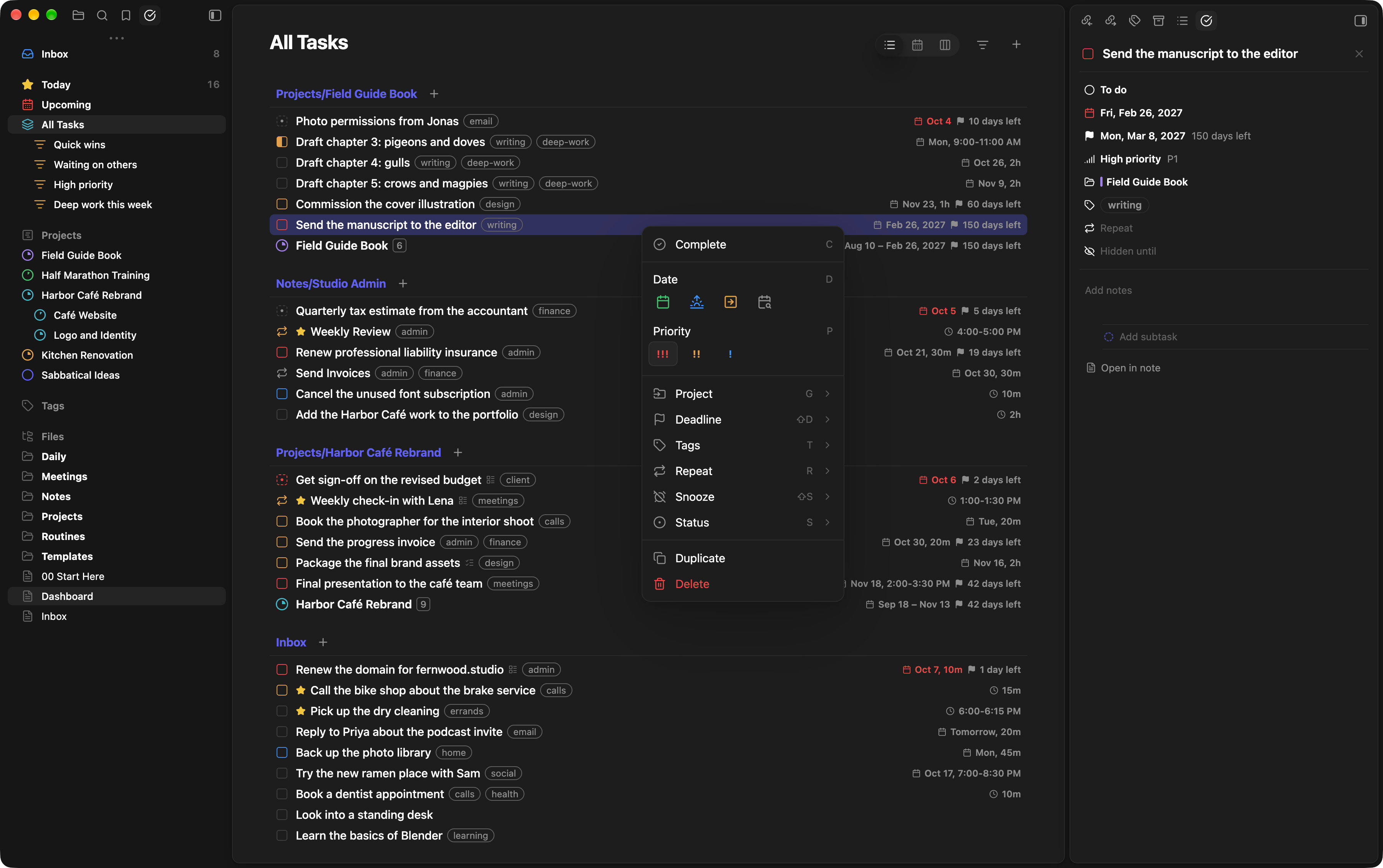 The task menu open on a selected task, with Complete, Date, Priority, Project, Deadline, Tags, Repeat, Snooze, Status, Duplicate and Delete, each with its shortcut key