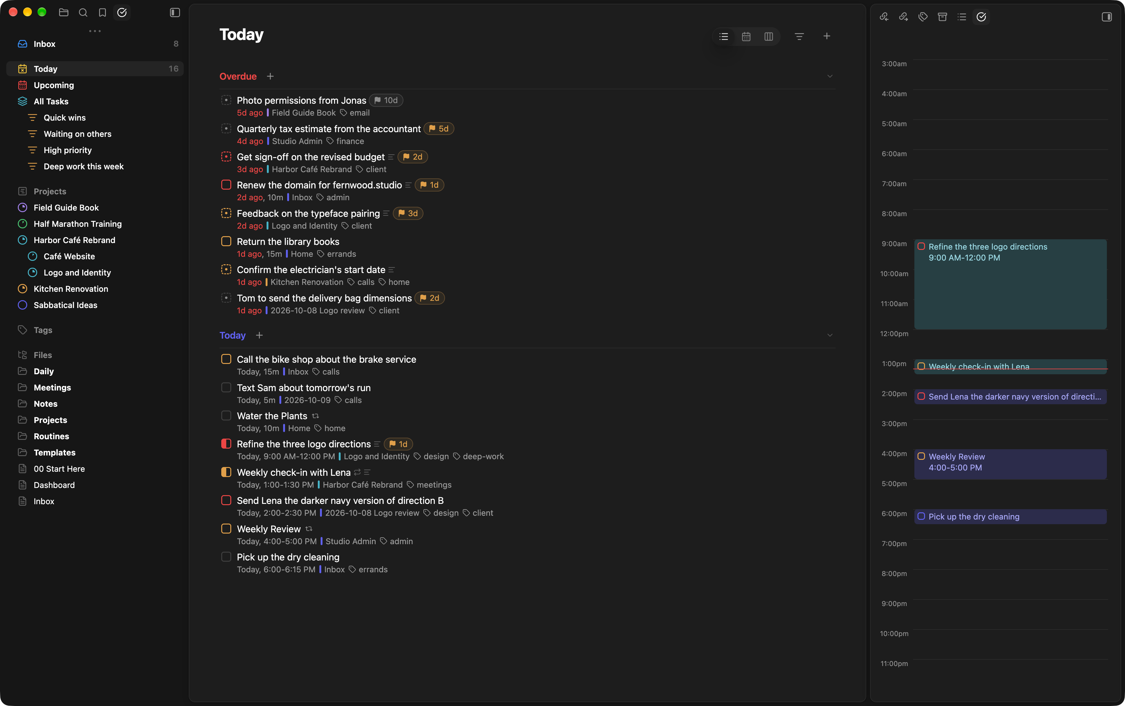 The Today view in the Griply style, with each task's dates, project and tags on a line under its title