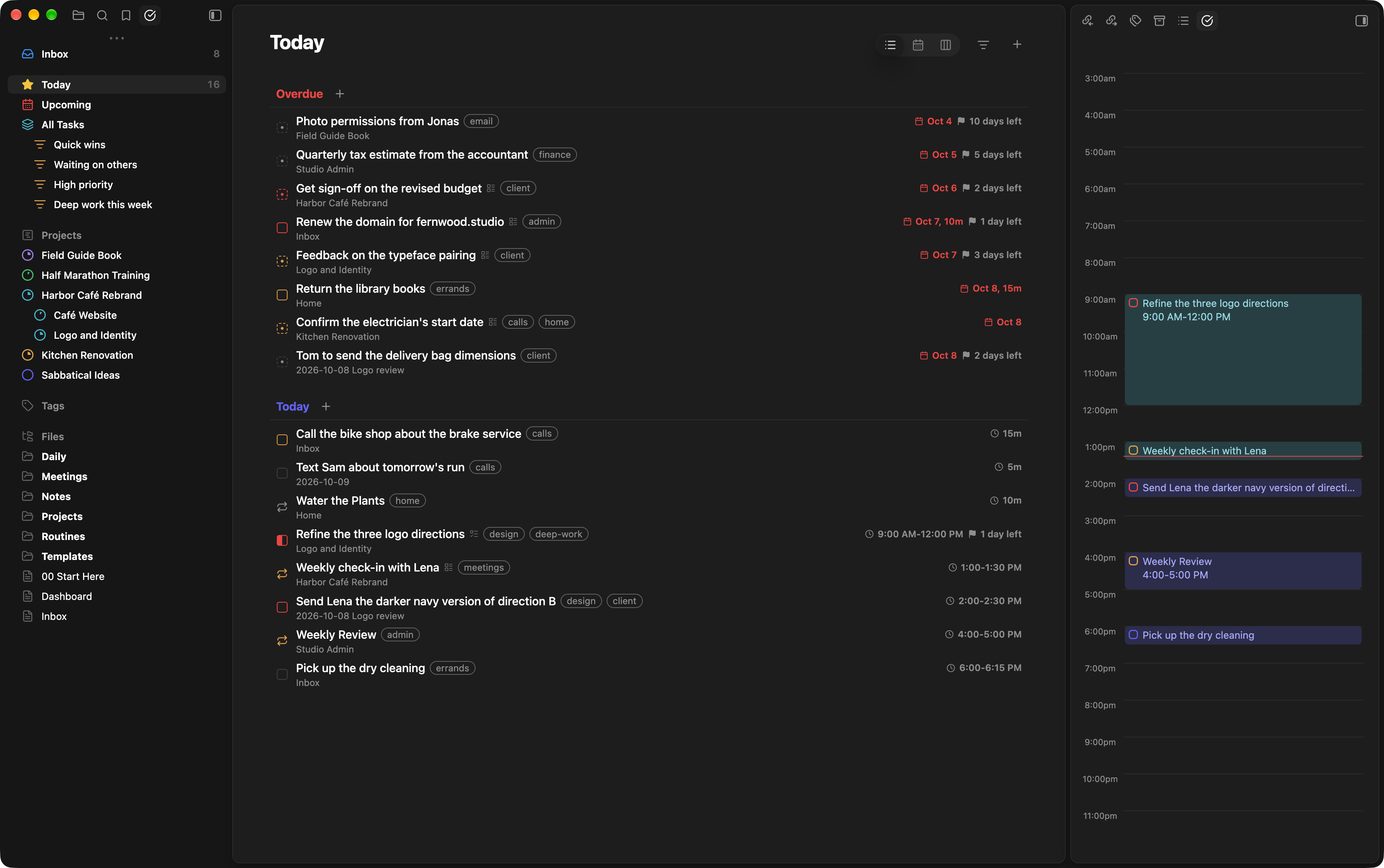 The Today view, with overdue tasks first, today's tasks below them, and today's hours in the sidebar