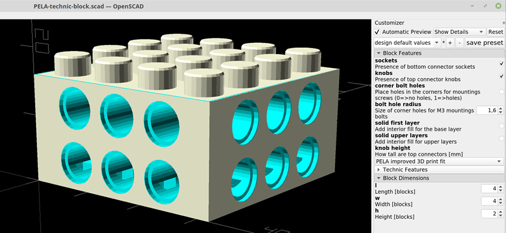 OpenSCAD Customizer with PELA Technic Block