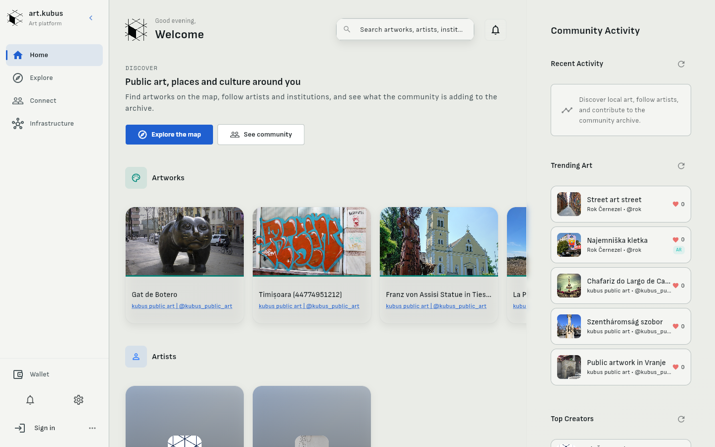 art.kubus home on desktop: navigation rail, a discover section, artwork cards and community activity