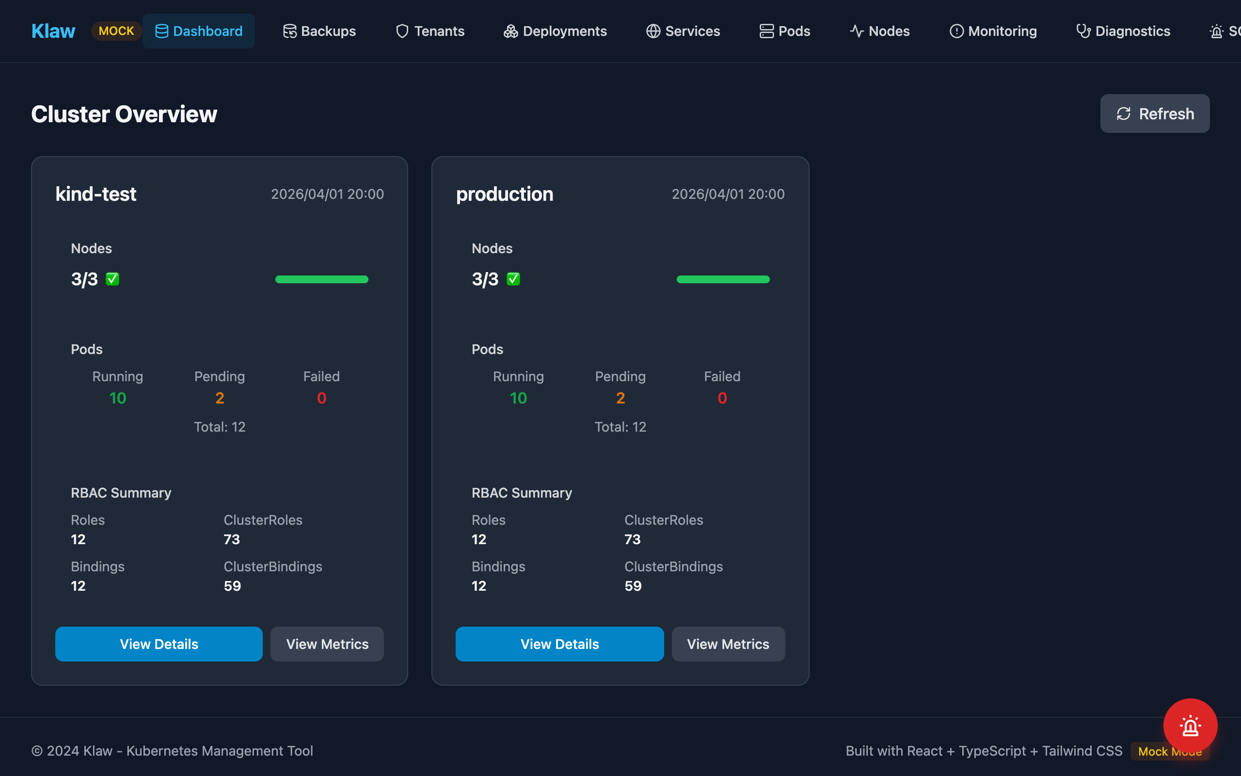 Klaw Dashboard（暗色模式，多集群概览）