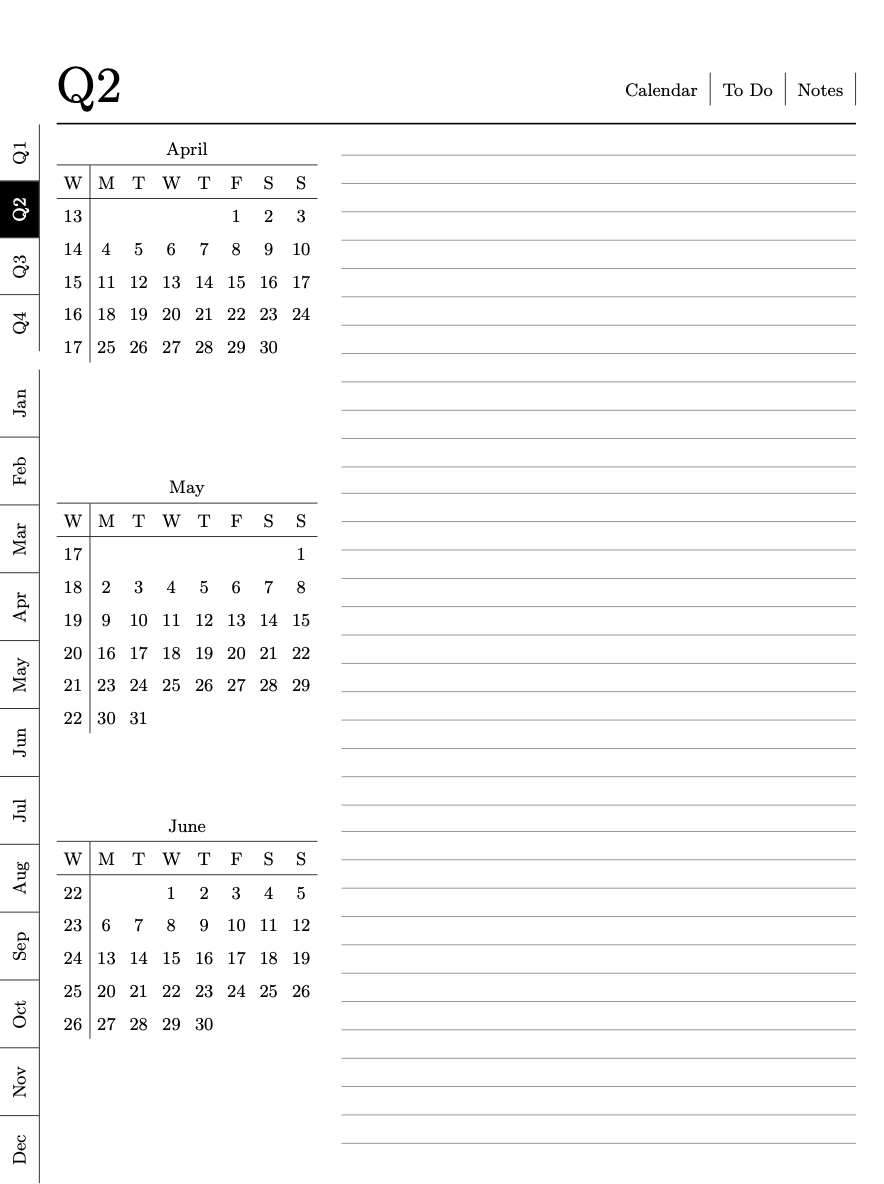 Annual planner with months on side for 2023, 2024 · kudrykv latex