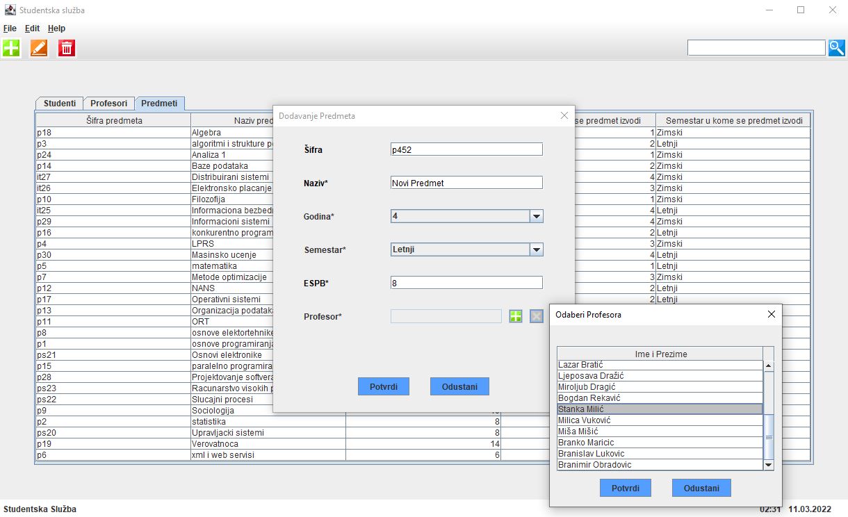 dodavanje predmeta i profesora predmetu