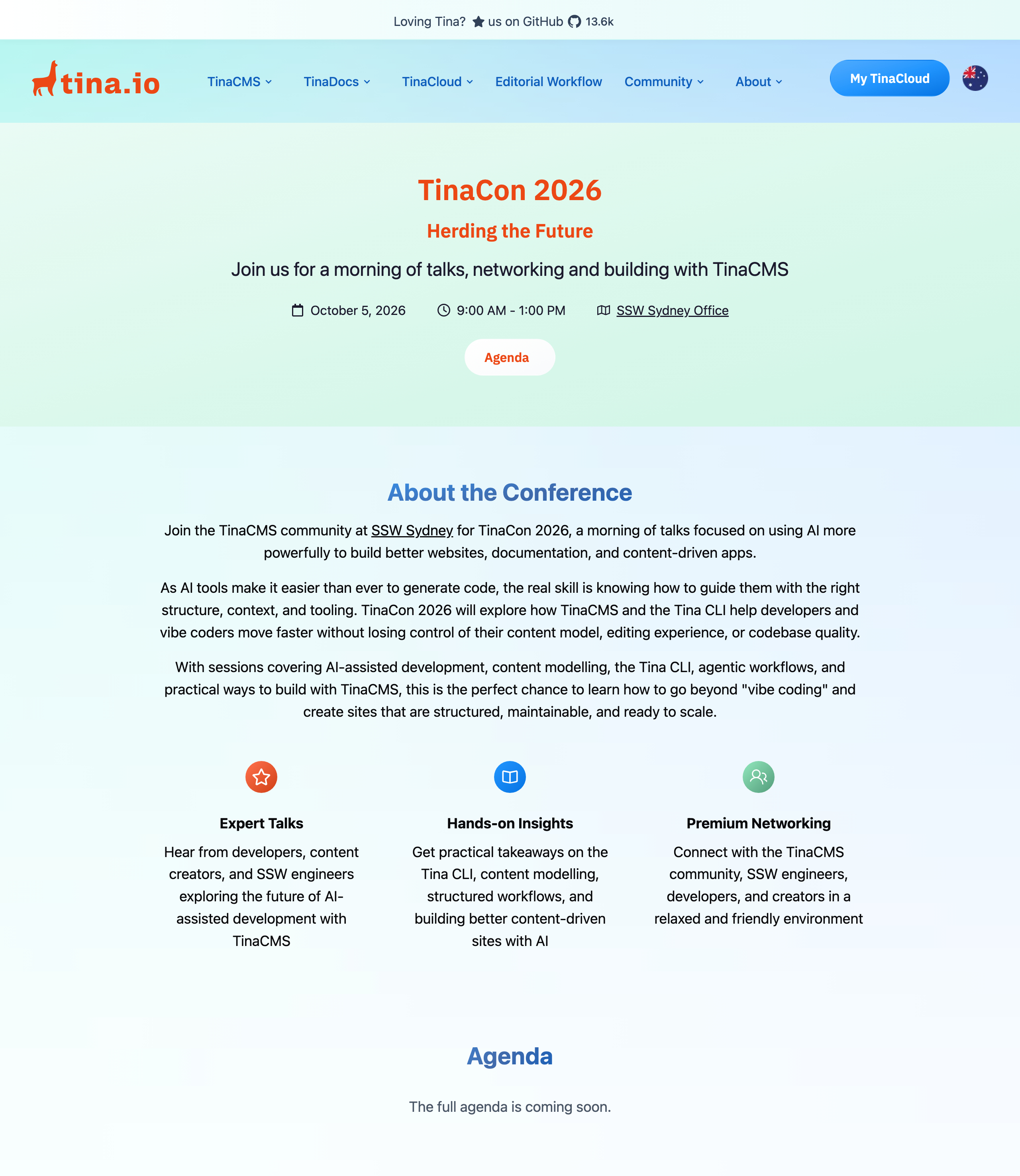 TinaCon 2026 conference page with the expanded About copy
