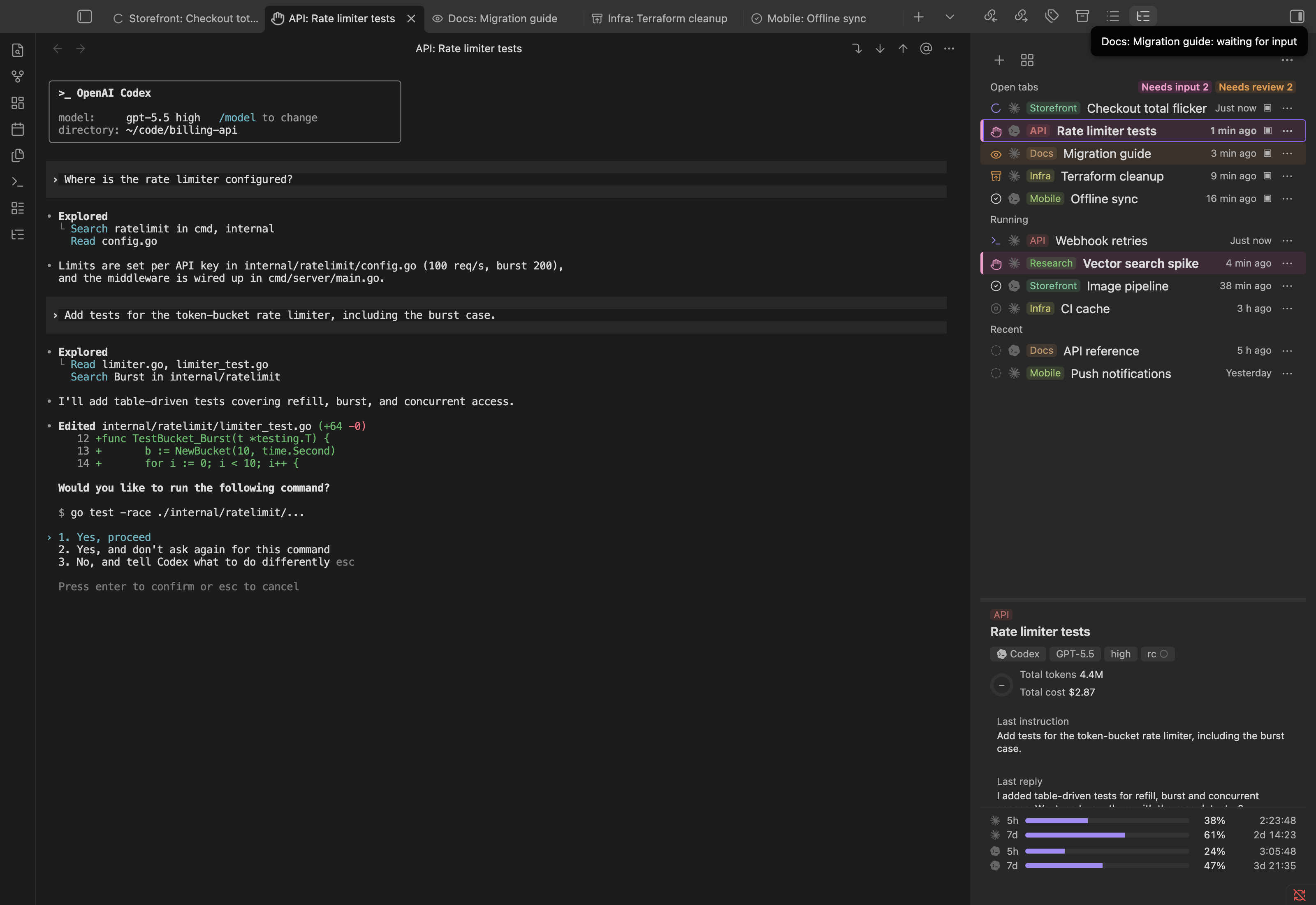 A Codex session waiting for approval, while a notice reports that a Claude Code session in another tab has finished