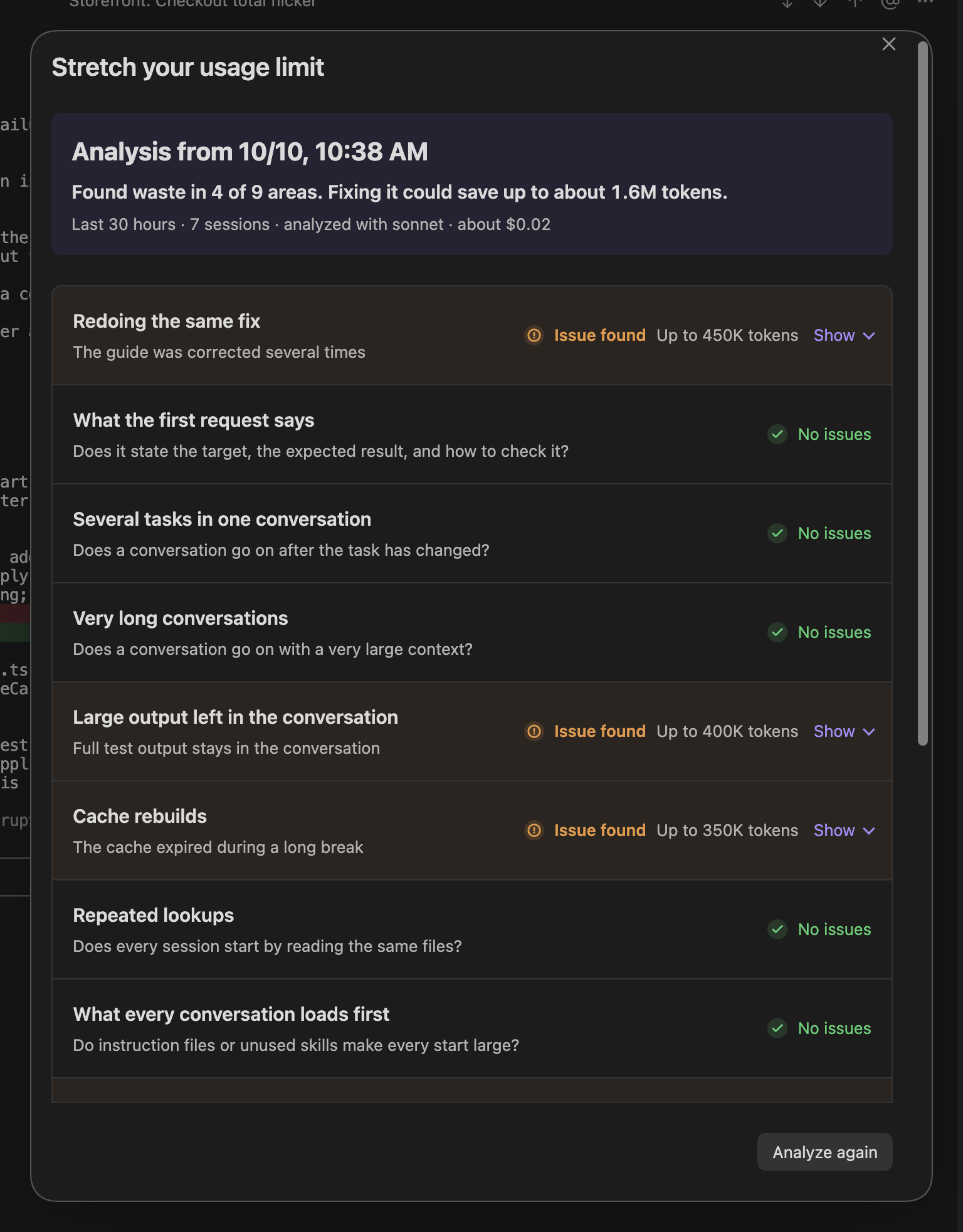 Stretch your usage limit for Claude Code: the nine areas, four with an issue, the agent's own two issues open with how to fix each, what happened, its cause and a quote