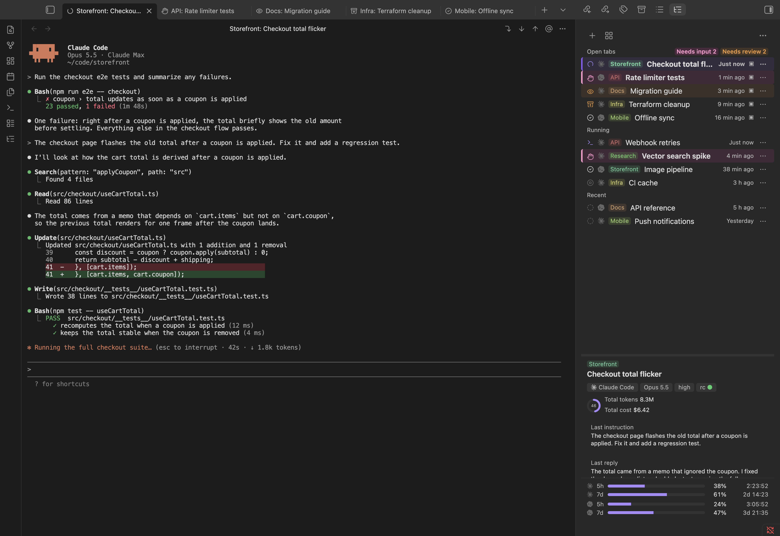 A Claude Code session in a terminal tab, with the side panel listing open, running, and recent Claude Code and Codex sessions