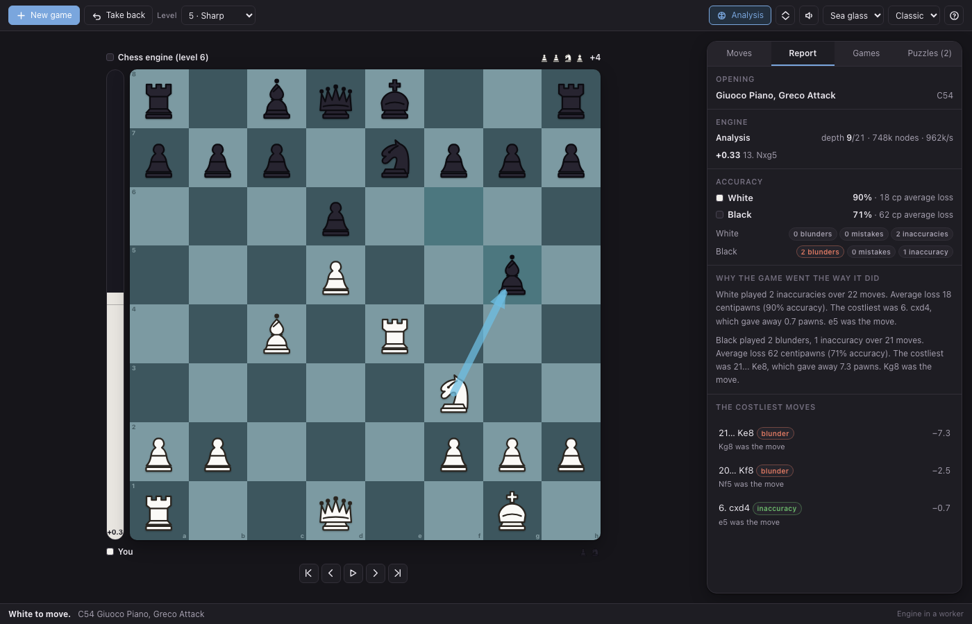 The analysis report and best-move arrow in the dark theme, on the Sea glass board
