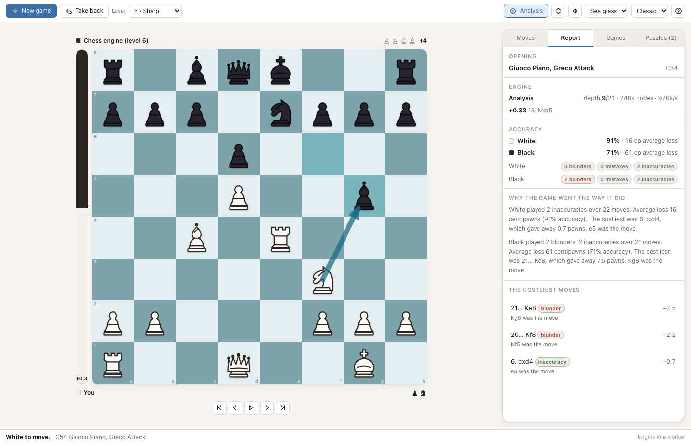 The analysis view: a best-move arrow on the board and a report listing blunders and accuracy