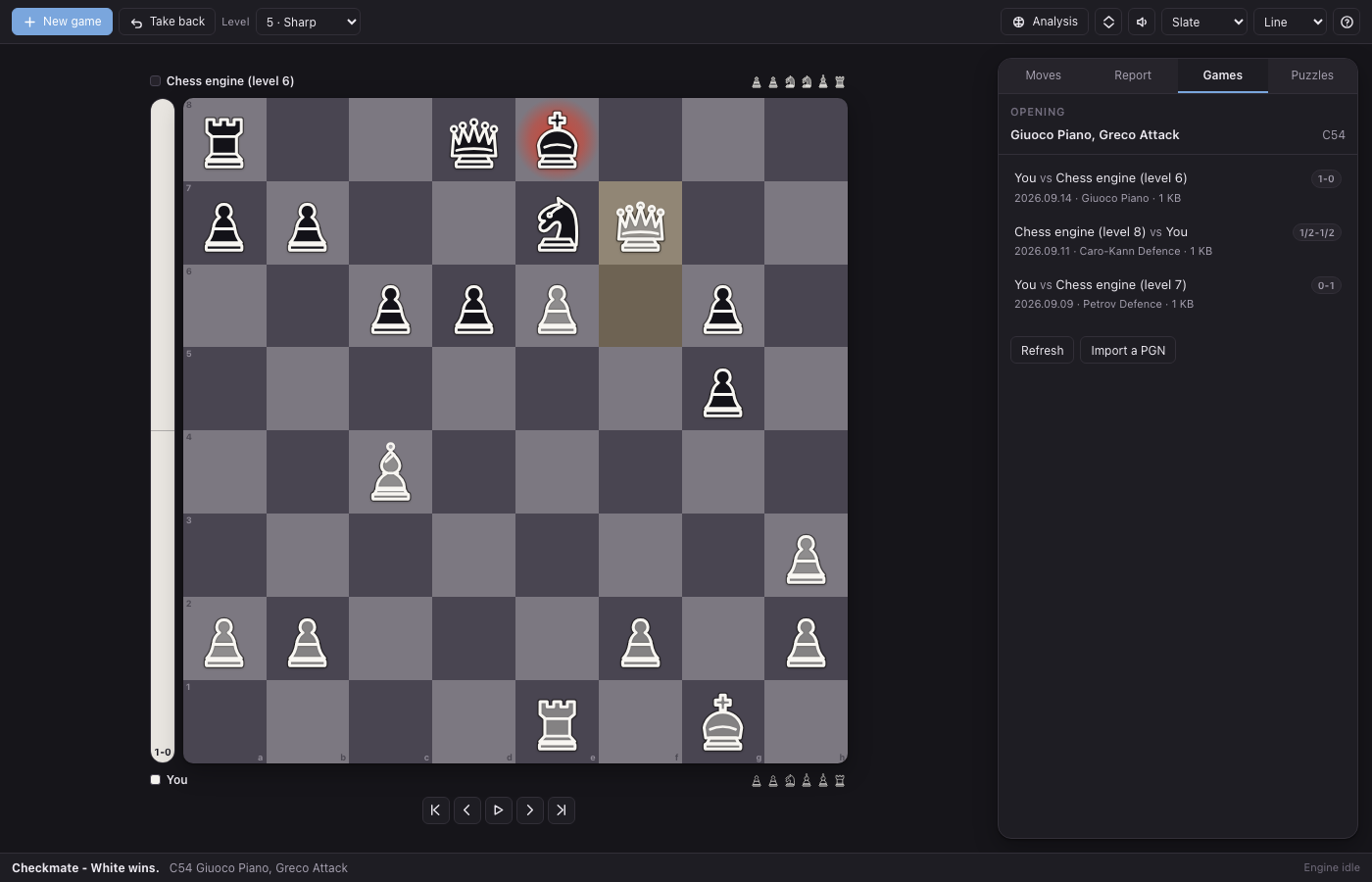 The games list in the dark theme beside a finished game ending in checkmate