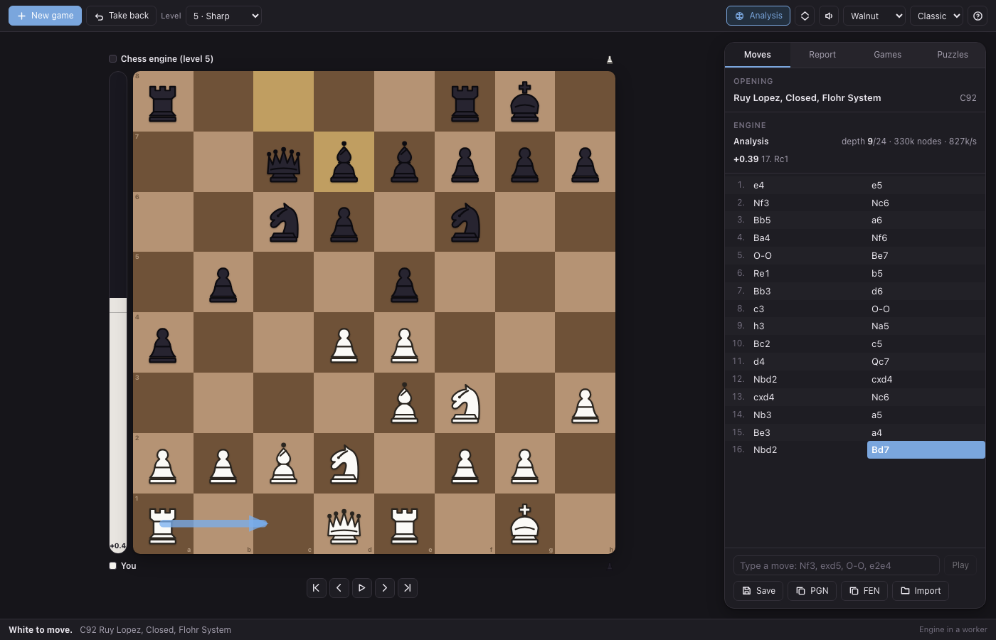 The same game against the engine rendered in the dark theme