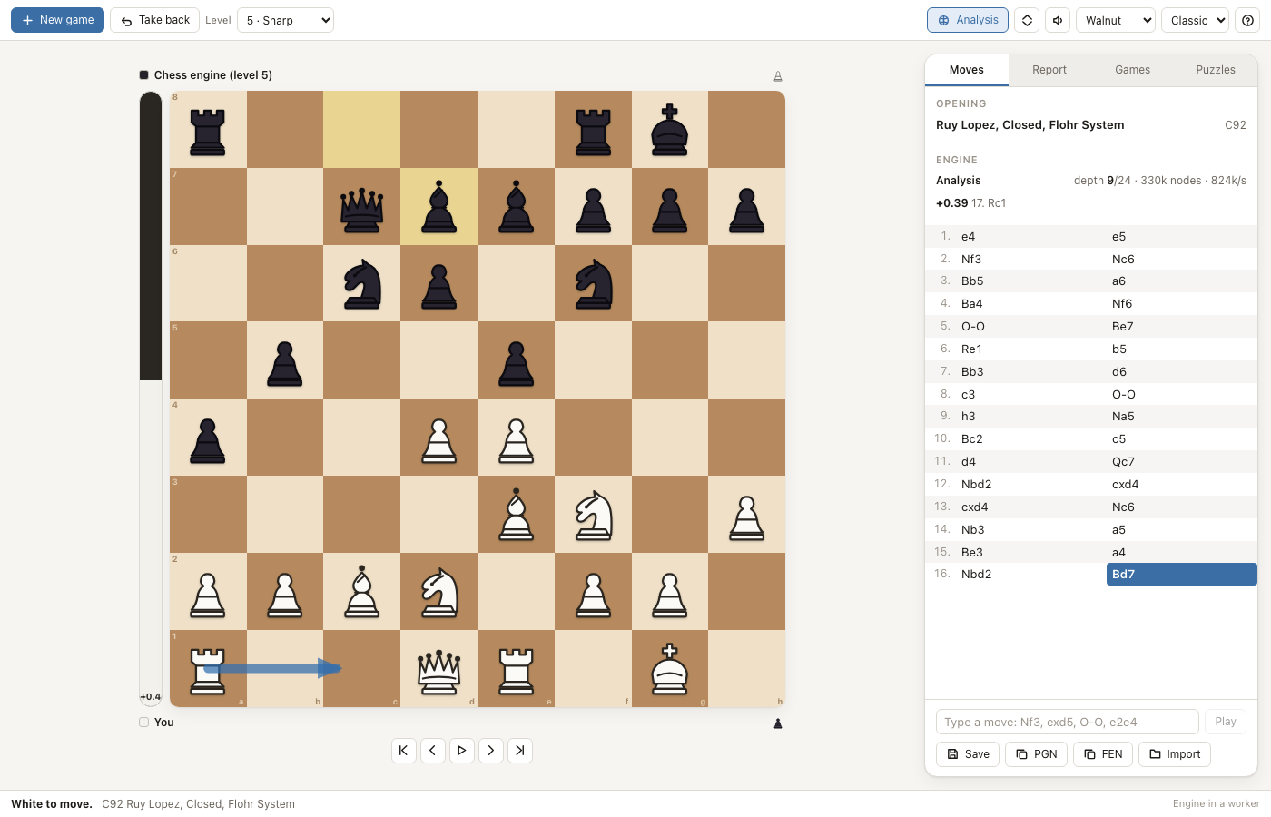 A Ruy Lopez in progress against the engine, with the evaluation bar, the opening name and the move list