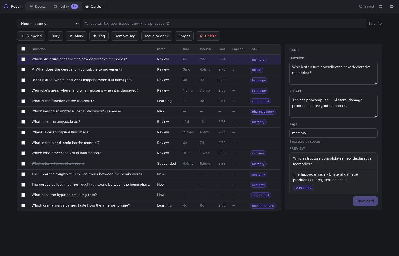 The card browser in the dark theme with cards selected for a bulk action