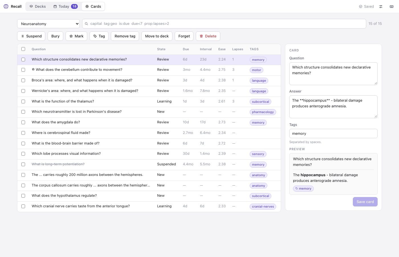 The card browser: a searchable table of every card next to an editor with a live preview