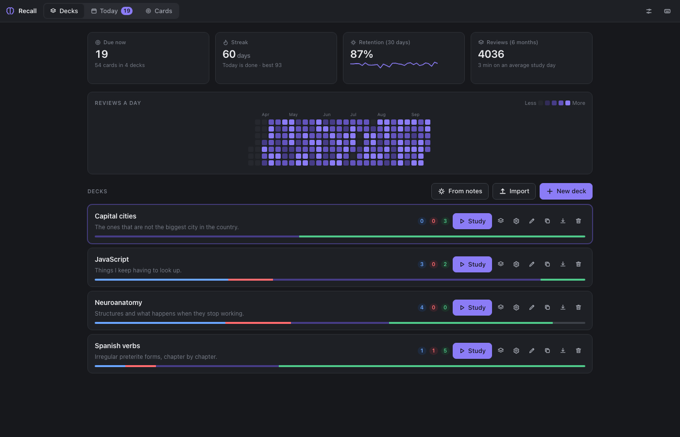 The same deck browser in the dark theme, heatmap and statistics included
