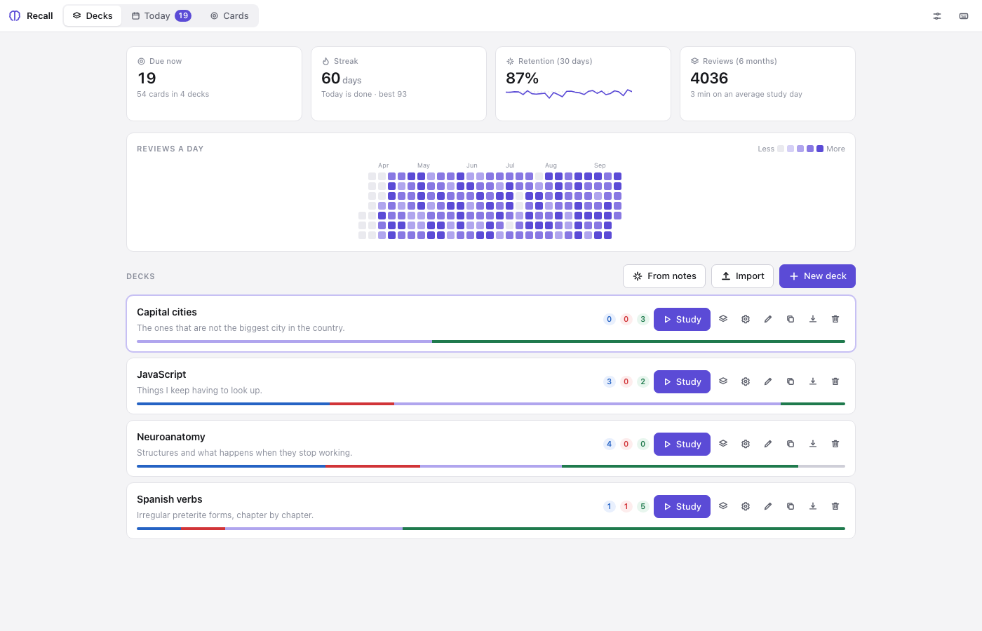 Recall's deck browser: due counts, a six-month review heatmap, streak and retention