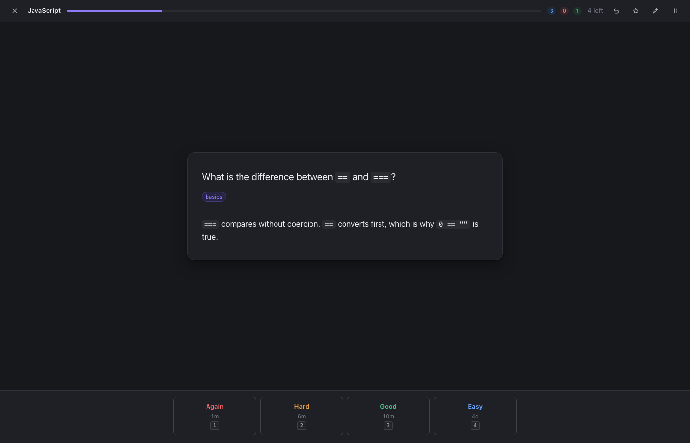 A review in the dark theme, showing inline code in the question and the answer