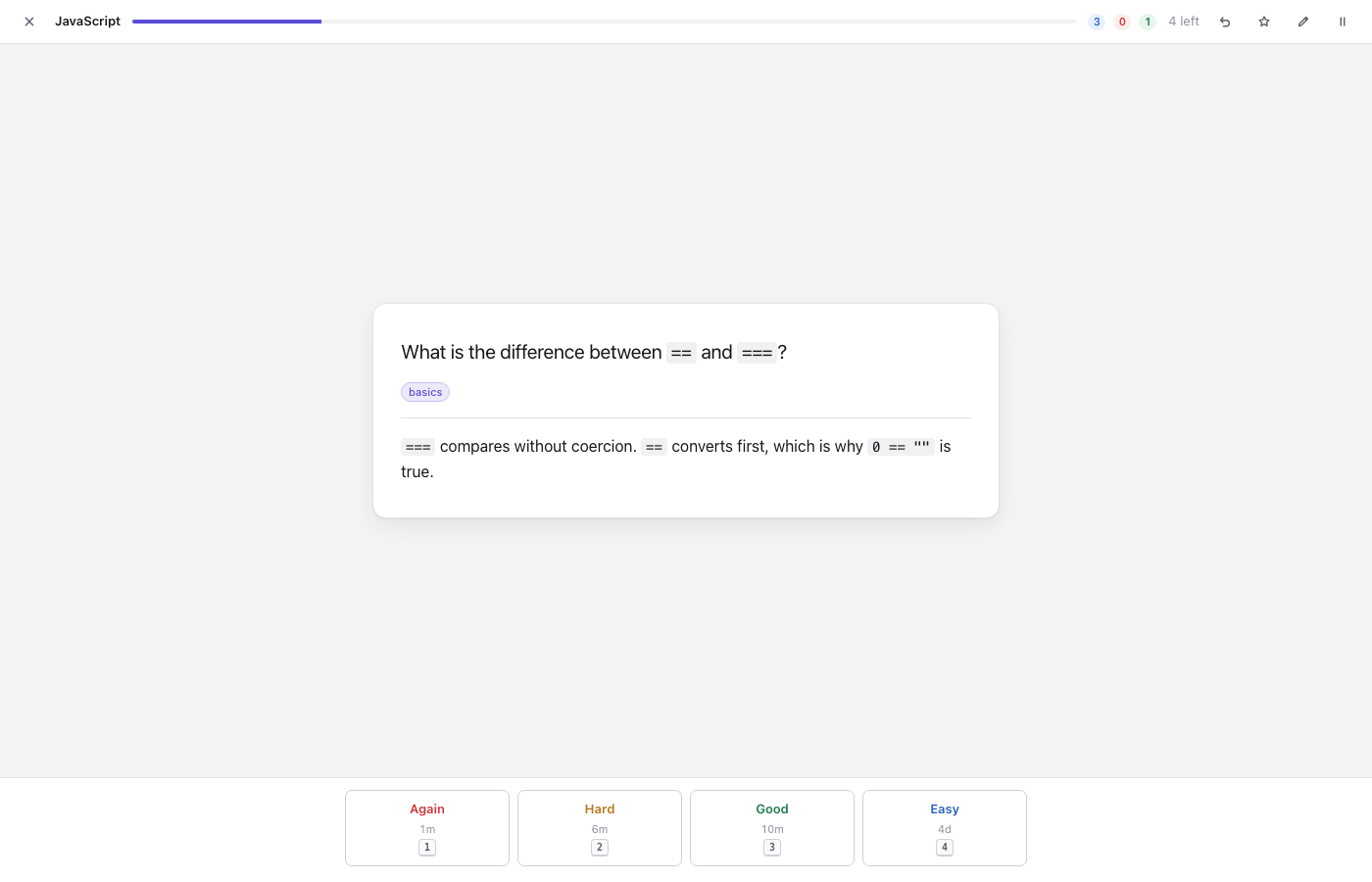 A card being reviewed, with Again, Hard, Good and Easy buttons showing their intervals