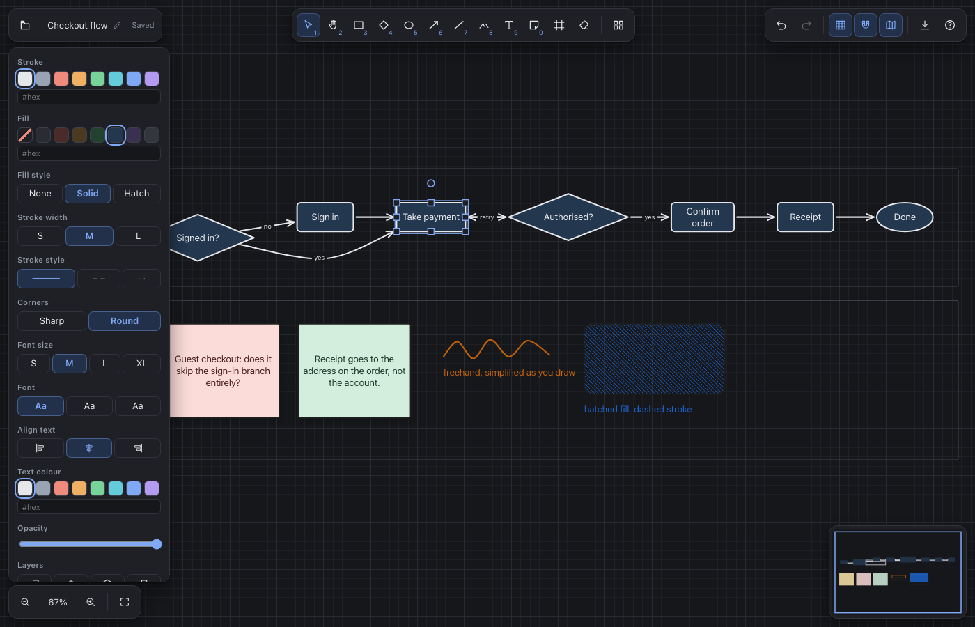 Sketch in dark mode with a shape selected and the properties panel open