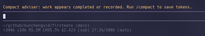 Compact adviser status line: "Compact adviser: work appears completed or recorded. Run /compact to save tokens." shown above a terminal prompt