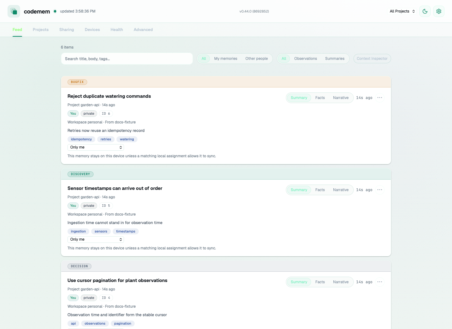 codemem Feed showing invented coding decisions, discoveries, and fixes