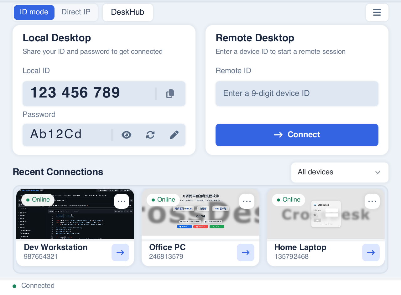 CrossDesk ID mode with the mode switch, local ID, remote connection controls, and recent devices; demonstration data