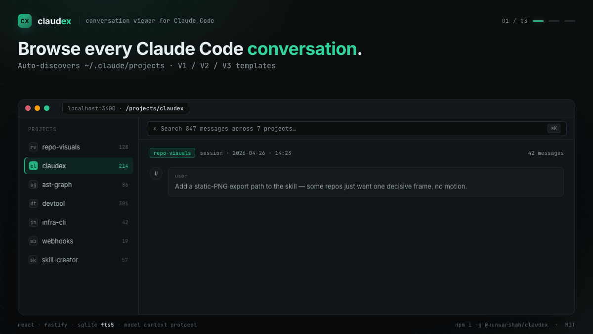 Claudex — browse, search, and give Claude Code persistent memory. SQLite FTS5 full-text search across all sessions, MCP server with 10 tools, universal V1/V2/V3 template support.