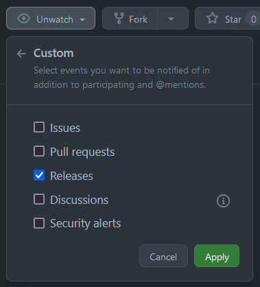 Displaying the GitHub watch button with the 'Releases' state in the 'Custom' submenu selected