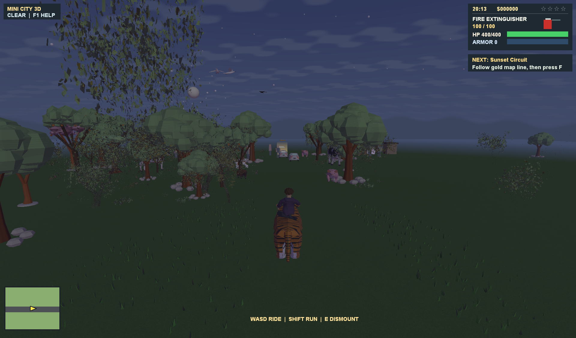 The player riding a tiger through the countryside at dusk