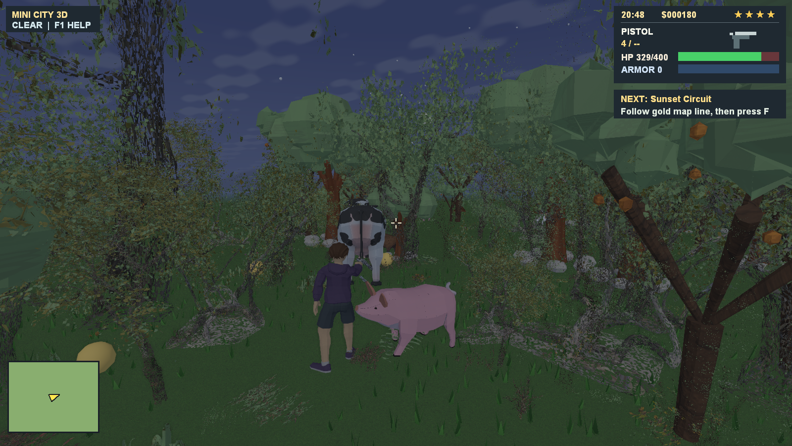 The player encountering a cow and pig among forest trees