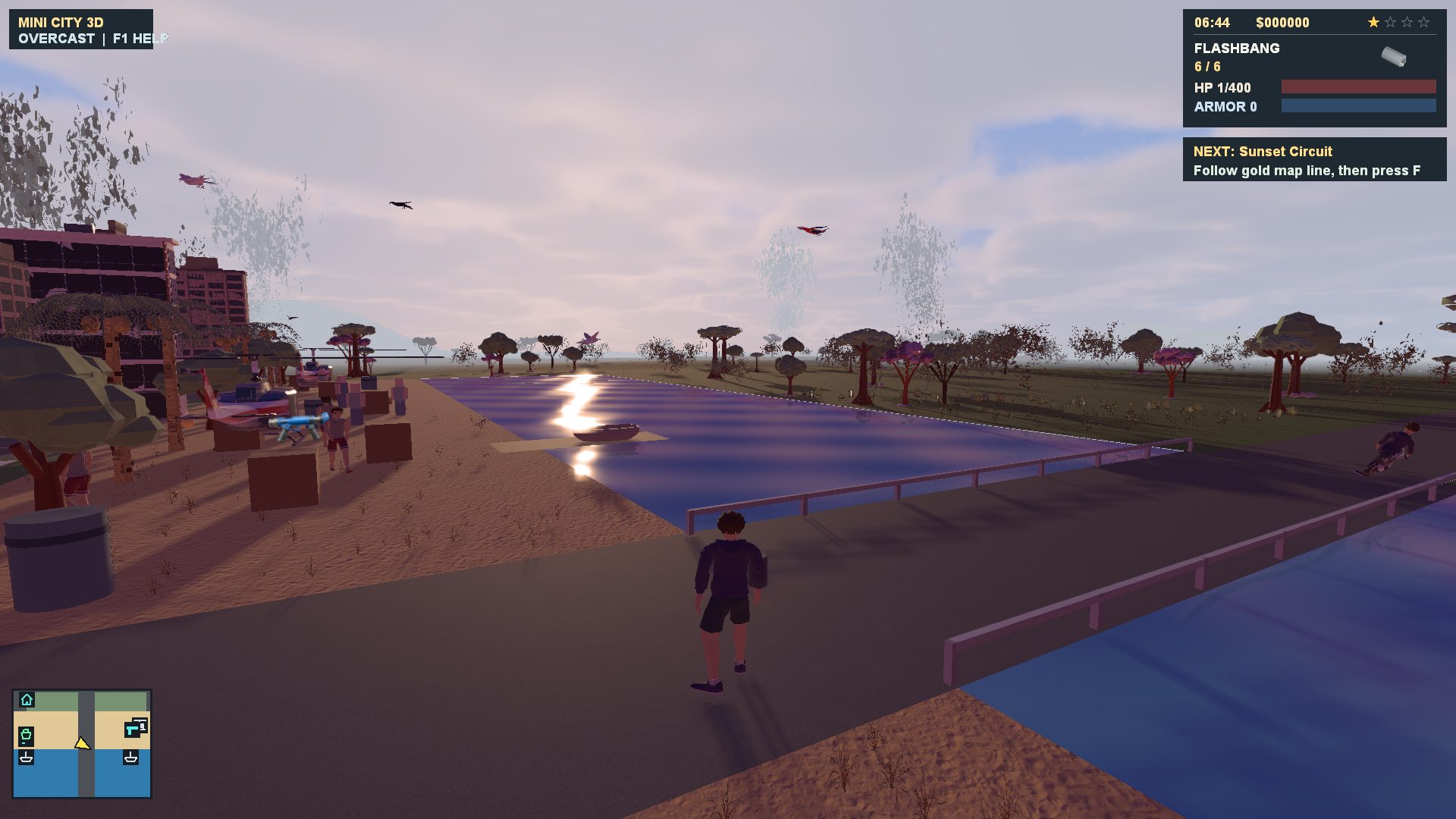 The player exploring the waterfront at sunset, with buildings, pedestrians, piers, and boats