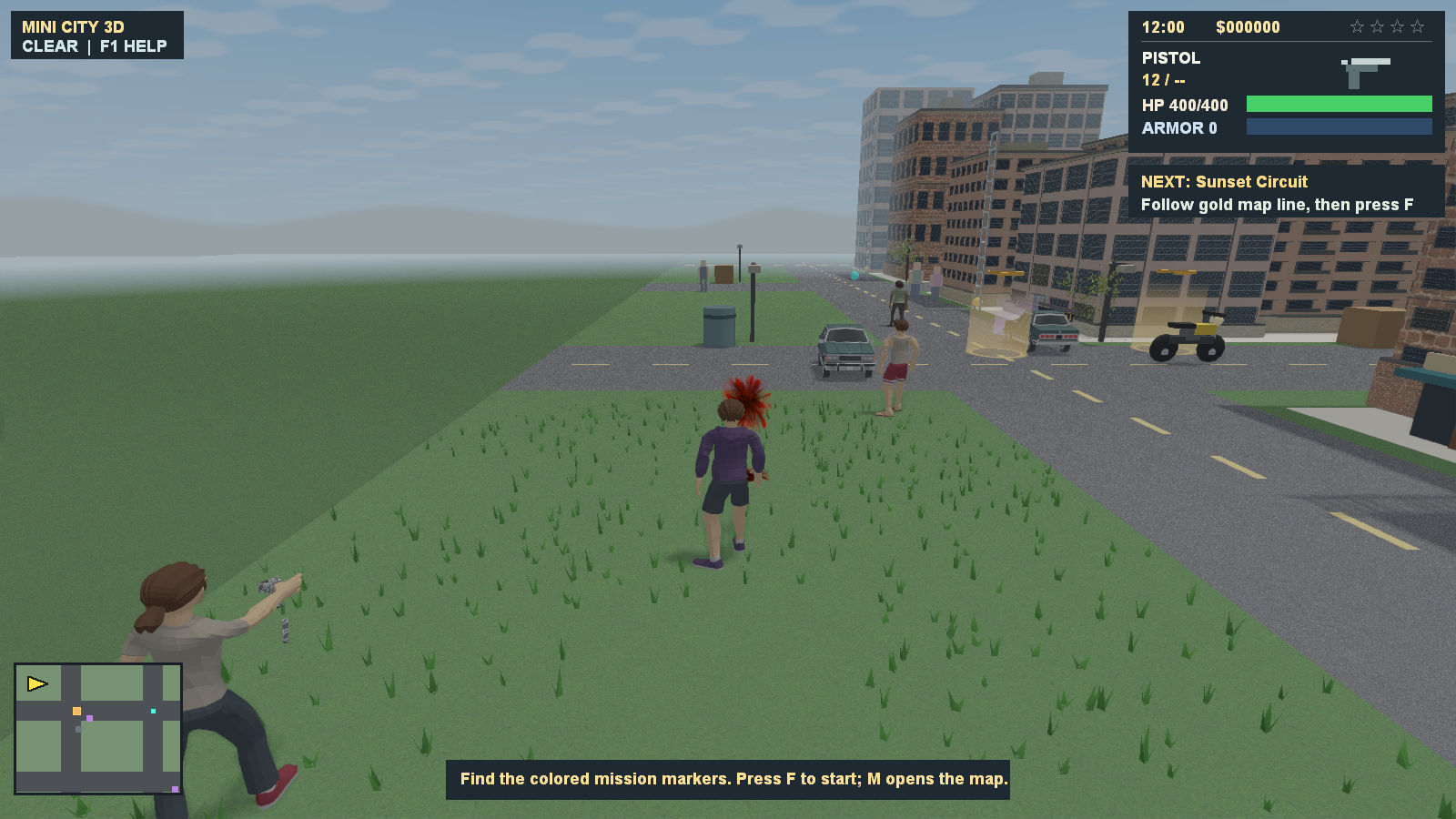 An armed pedestrian shooting the player, with a blood hit effect visible