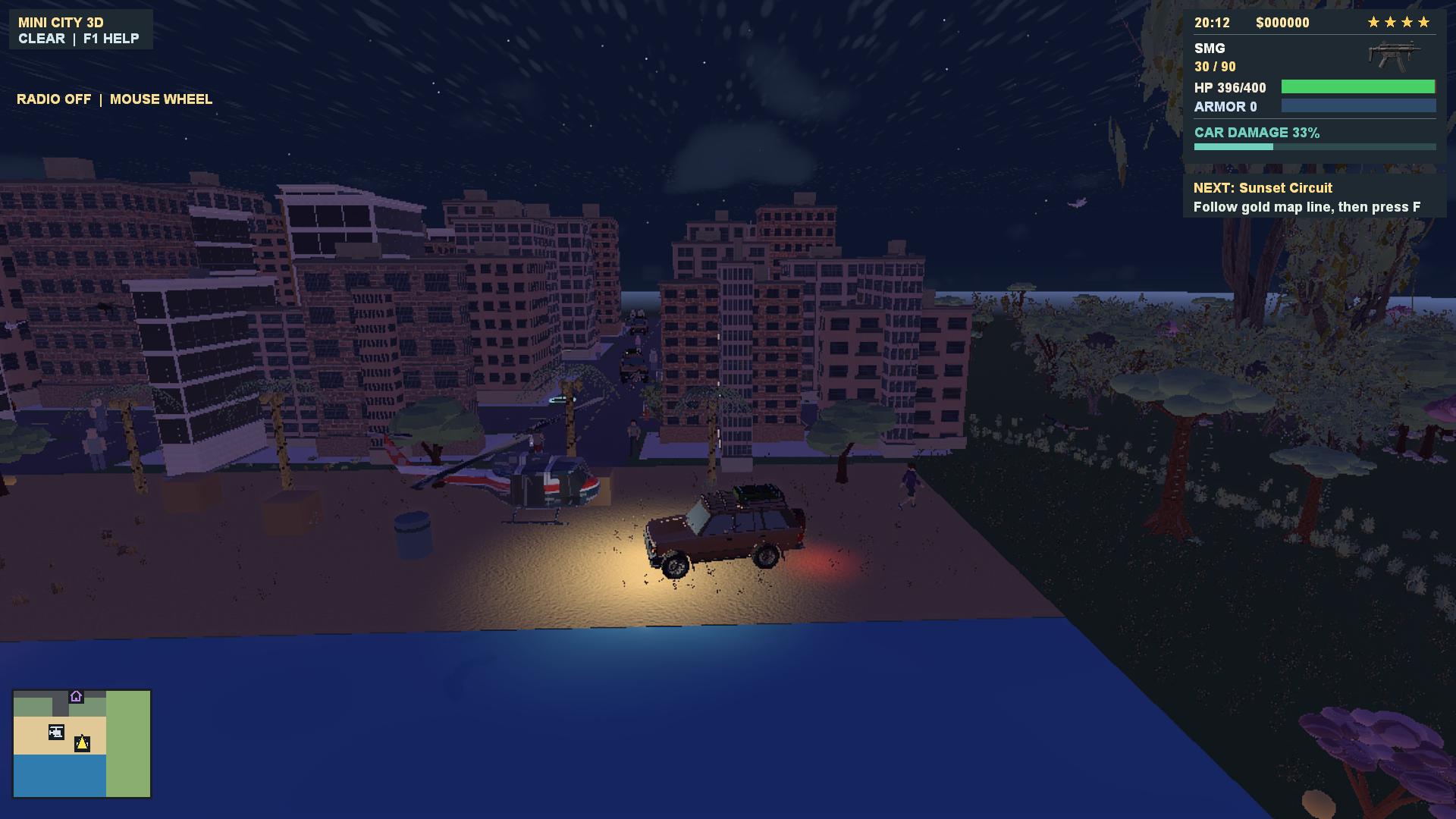A car at a city intersection at night, with headlights and the vehicle damage HUD visible