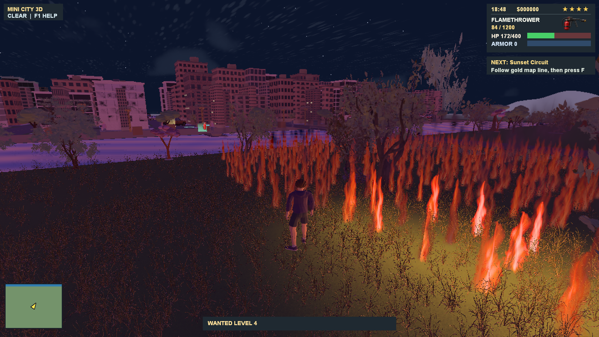 The player beside a spreading grass fire among trees near the city, with the flamethrower selected