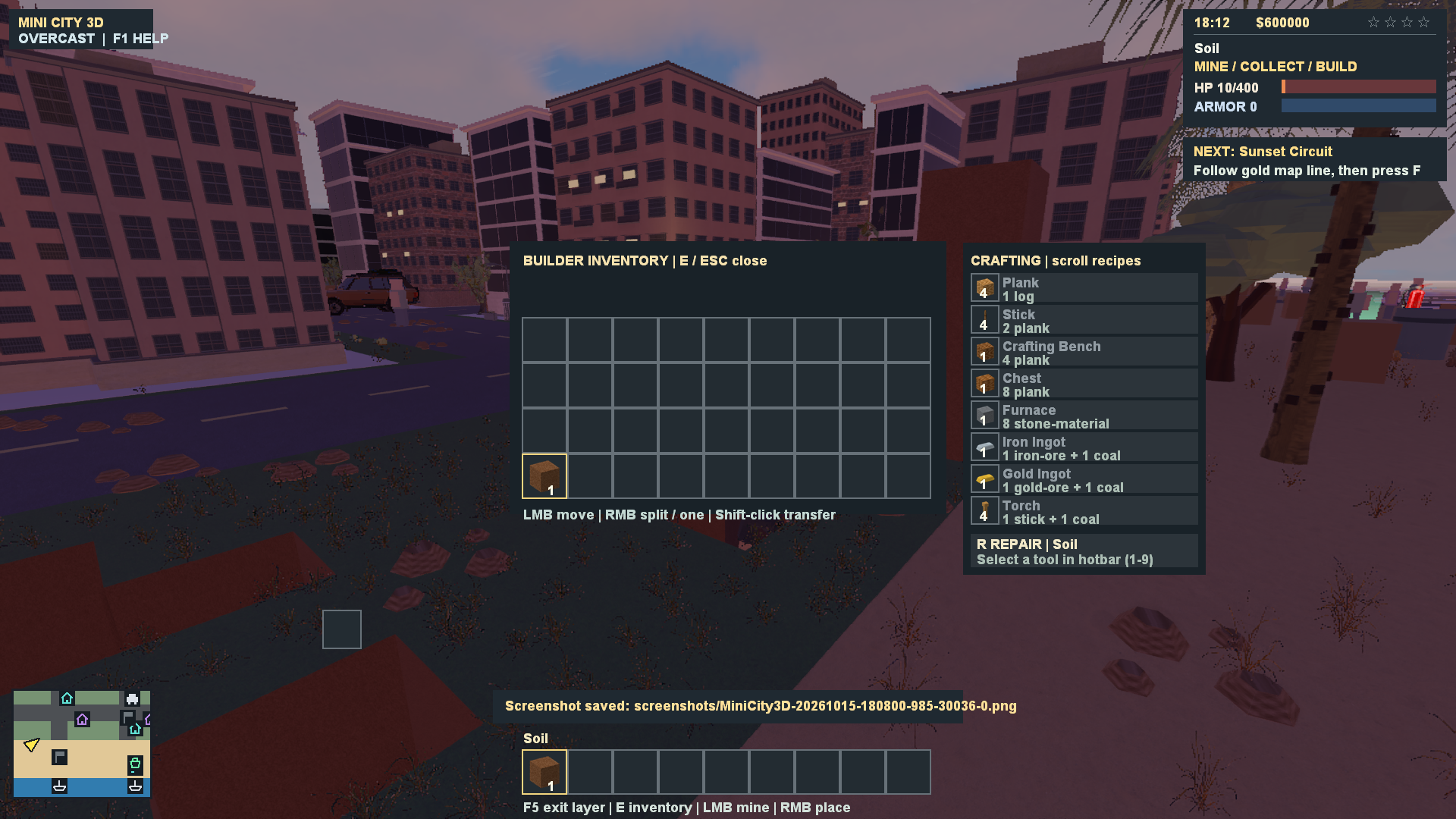 The builder inventory grid and crafting panel showing recipes, material costs, and tool repair controls