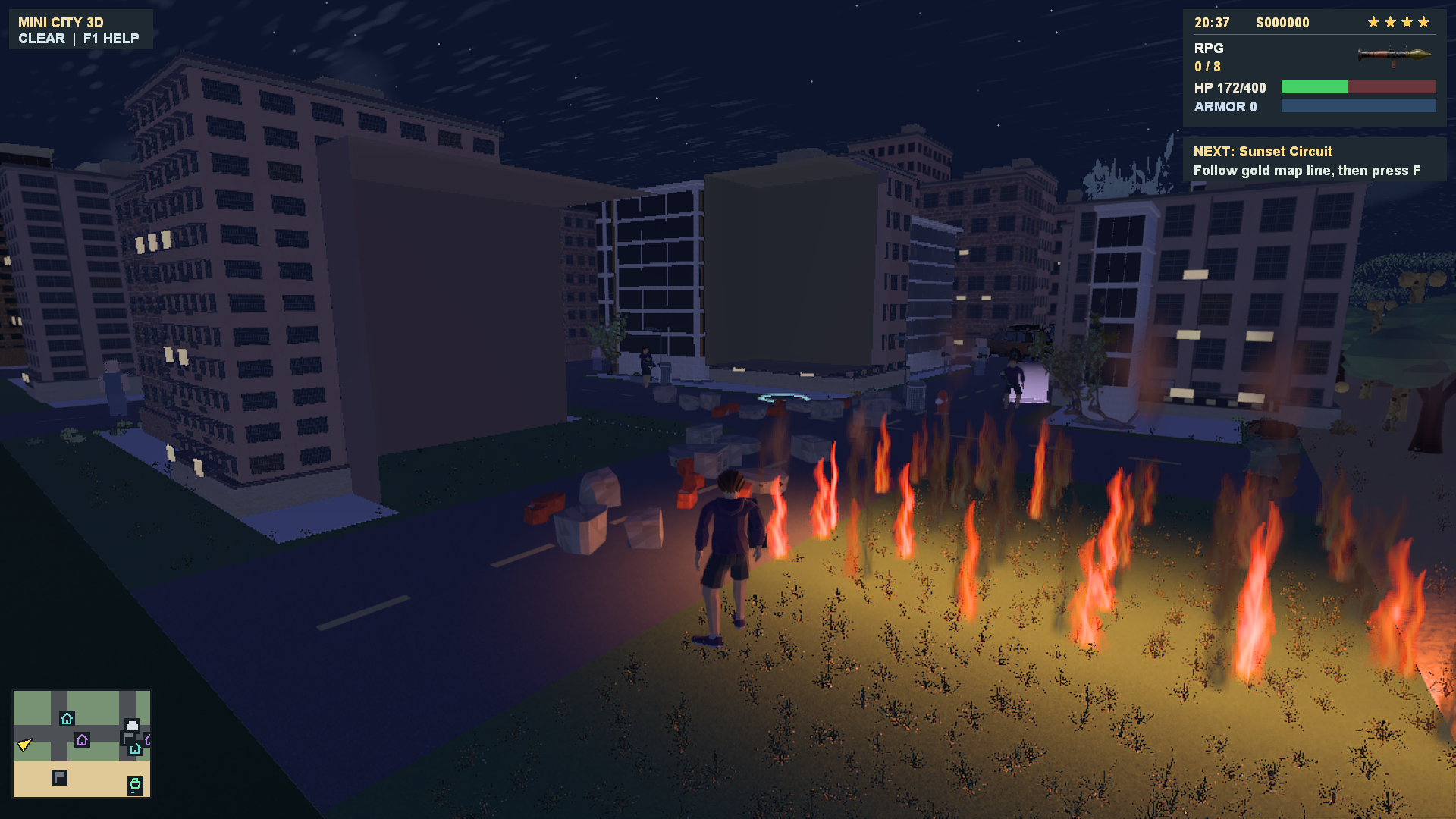 The player with an RPG beside blast-damaged buildings, scattered masonry debris, and burning grass at night