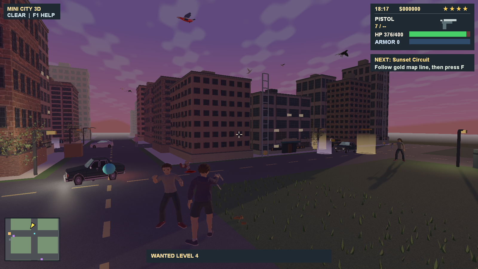 The player aiming a pistol during city combat at sunset, with wanted stars visible