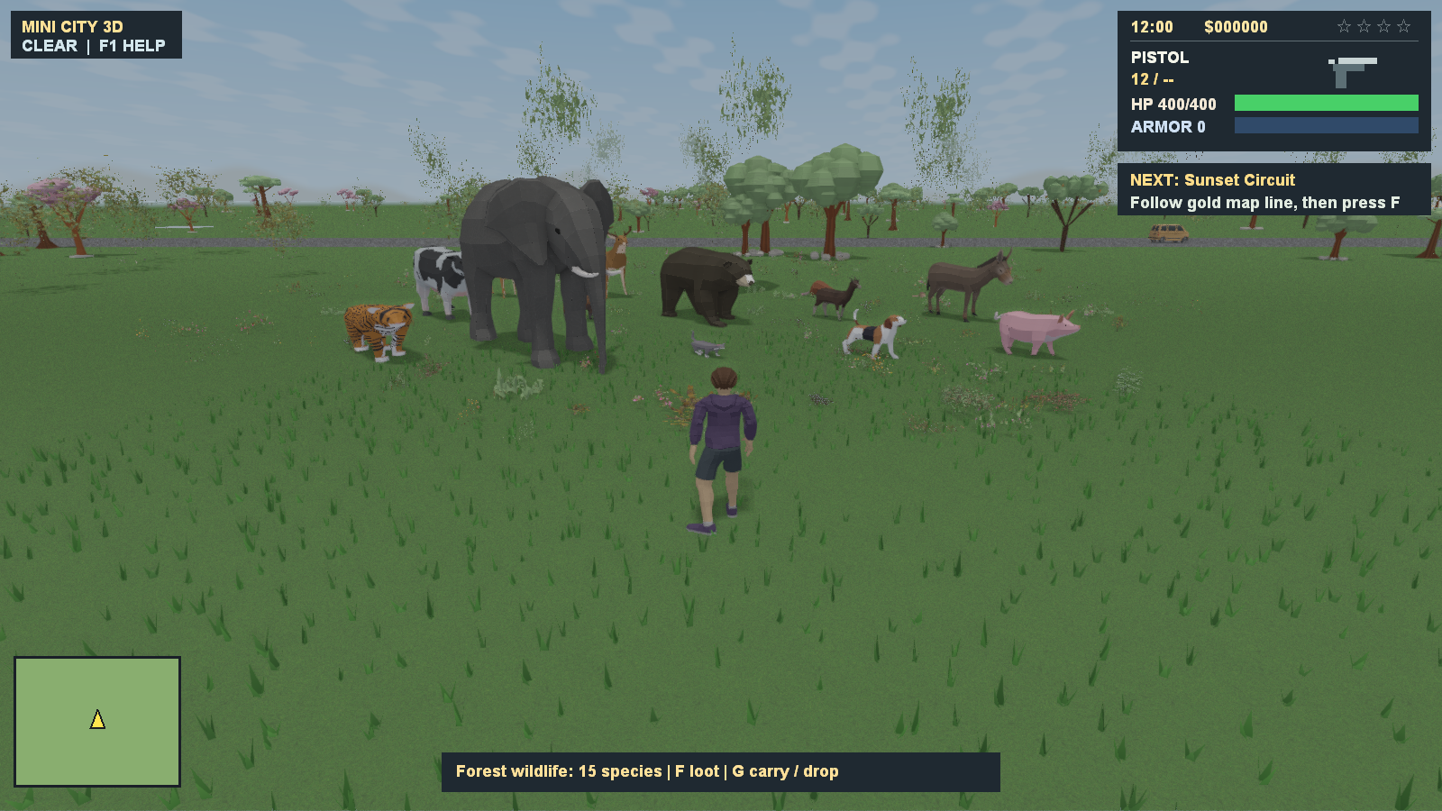 The player approaching a group of countryside animals, including an elephant, tiger, and bear