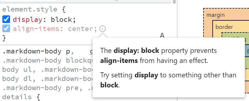 DevTools shows an tooltip that suggests using something different than `display: block`