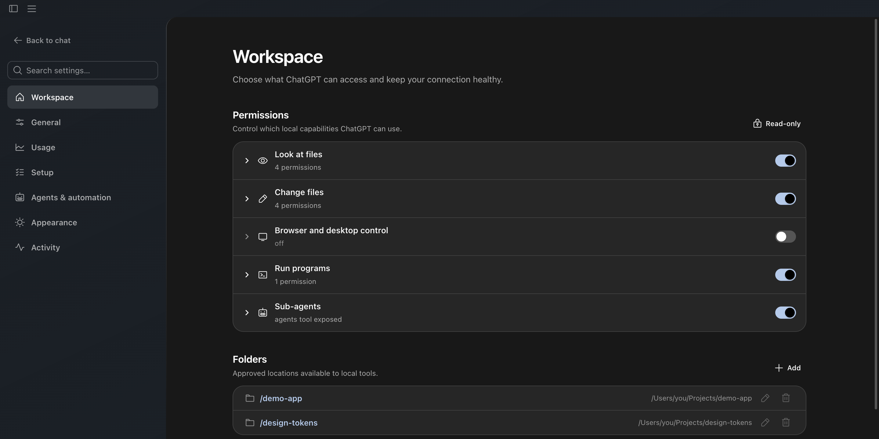 Folder and capability settings