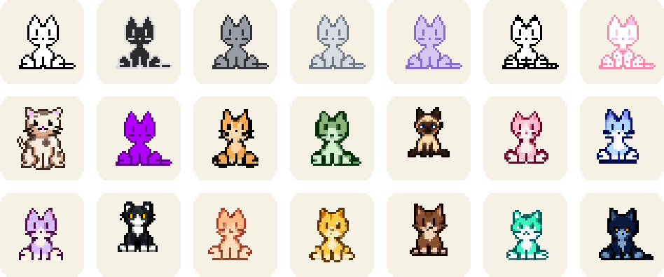 Twenty-one cat coats, each named: Classic, Black, Gray, Silver, Ghost, Tora, Catppuccin, Maia, Vaporwave, Ginger, Sage, Siamese, Strawberry, Blue Frost, Lavender, Tuxedo, Peach, Honey, Mocha, Mint, Midnight