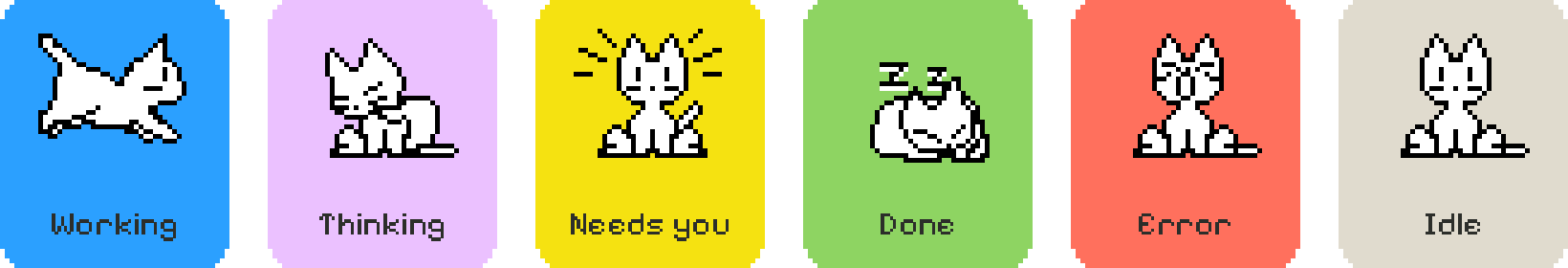 The cat on six coloured tiles: running while working, grooming while thinking, alert when a session needs you, napping when done, yawning on an error, sitting when idle